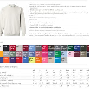 May include: A light-colored crewneck sweatshirt shown with a detailed product information chart. The chart lists fabric composition, manufacturing standards, a wide grid of available color swatches, and a table of finished measurements in inches.