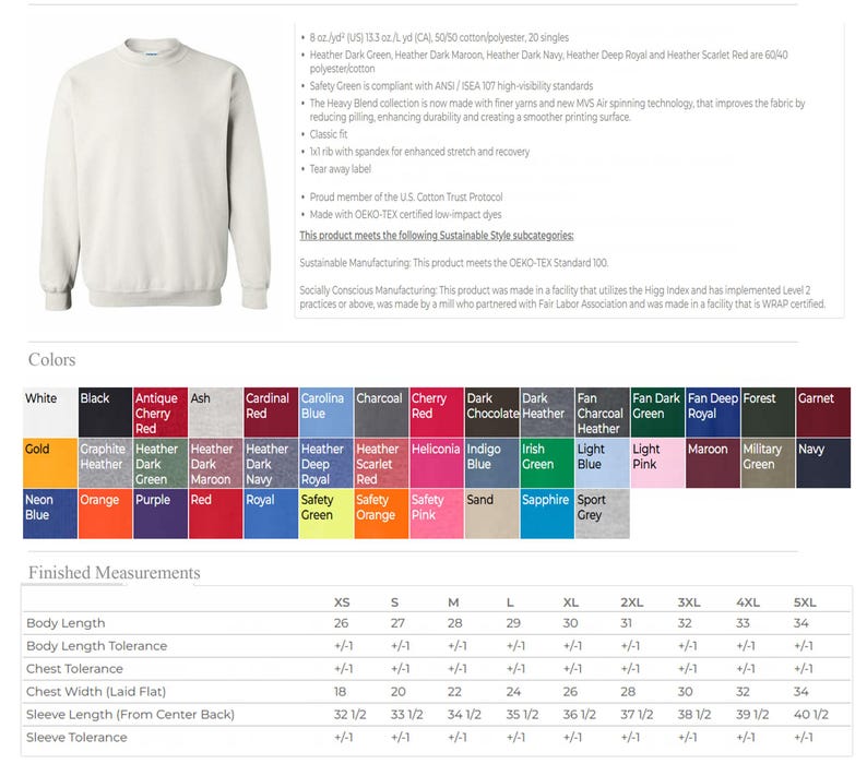 May include: A light-colored crewneck sweatshirt shown with a detailed product information chart. The chart lists fabric composition, manufacturing standards, a wide grid of available color swatches, and a table of finished measurements in inches.