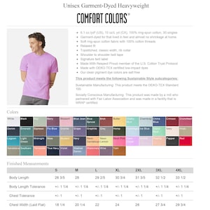 May include: A Comfort Colors unisex garment-dyed heavyweight t-shirt in a light purple shade. The image includes a detailed product specification chart, a comprehensive color palette grid, and a table of finished measurements in inches.