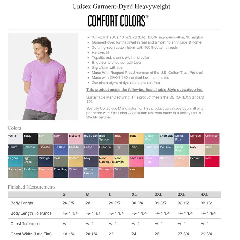 May include: A Comfort Colors unisex garment-dyed heavyweight t-shirt in a light purple shade. The image includes a detailed product specification chart, a comprehensive color palette grid, and a table of finished measurements in inches.