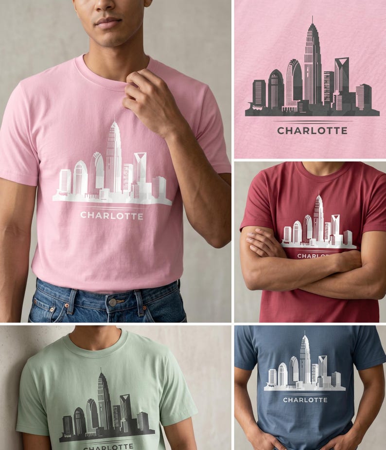 May include: A collection of short-sleeve crew neck t-shirts in light pink, dark red, sage green, and navy blue. Each shirt features a white or dark gray graphic print of the Charlotte city skyline with the word CHARLOTTE printed underneath.