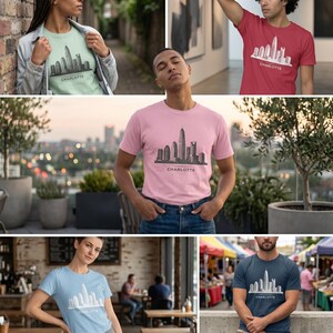 May include: A collection of short-sleeve t-shirts in various colors including light green, red, pink, light blue, and dark blue. Each shirt features a graphic print of the Charlotte city skyline with the word CHARLOTTE printed underneath.
