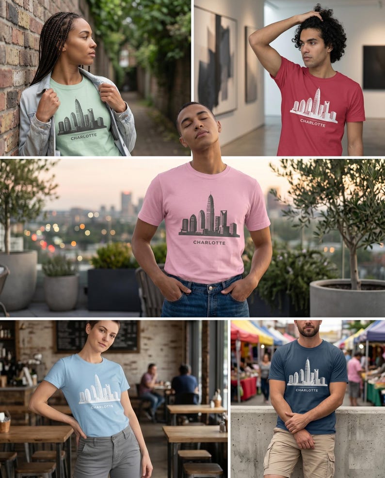 May include: A collection of short-sleeve t-shirts in various colors including light green, red, pink, light blue, and dark blue. Each shirt features a graphic print of the Charlotte city skyline with the word CHARLOTTE printed underneath.