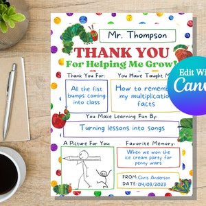 Teacher Appreciation Week, All About My Teacher Very Hungry Caterpillar  Fill in Blank Printable Teacher Thank You Gift, Canva Template