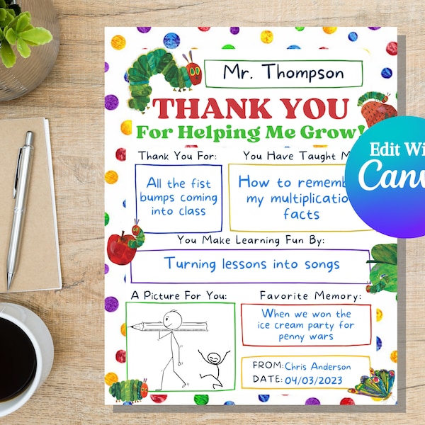 Teacher Appreciation Week, All About My Teacher Very Hungry Caterpillar  Fill in Blank Printable Teacher Thank You Gift, Canva Template