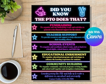Neon PTO Flyer | PTA Information | Editable Printable Informational Form, Did You Know The PTO Does That | School Fundraiser Event Volunteer
