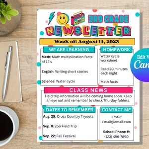 May include: A colorful 3rd grade newsletter with a retro boombox graphic. The newsletter includes information about the week's learning objectives, homework assignments, class news, upcoming events, and contact information for the teacher. The text includes the week of August 14, 2023.