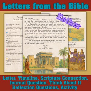 May include: A printable Bible study activity for kids featuring the story of Esther. The activity includes a timeline, letter, scripture connection, journal question, think about it reflection questions, and a map of Persia. The image also includes a colorful illustration of Esther and Mordecai.