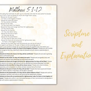 May include: A beige and gold printable wall art with a honeycomb pattern. The text "Matthew 5:1-12" is at the top of the page. The text "Scripture and Explanation" is at the bottom of the page. The text is in a gold font. The page is divided into two columns. The left column contains the scripture verses from Matthew 5:1-12. The right column contains an explanation of each verse.