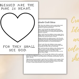 May include: Black and white printable colouring sheet with a heart shape and the text "Blessed are the pure in heart, for they shall see God."  The sheet also includes craft ideas for children to make paper plate masks, doves, and other crafts.