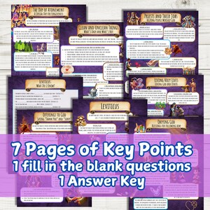 May include: Seven pages of printable worksheets with colorful illustrations and fill-in-the-blank questions about the book of Leviticus. The worksheets cover topics like the Day of Atonement, clean and unclean things, offerings to God, priests and their jobs, living holy lives, and obeying God. An answer key is also included.
