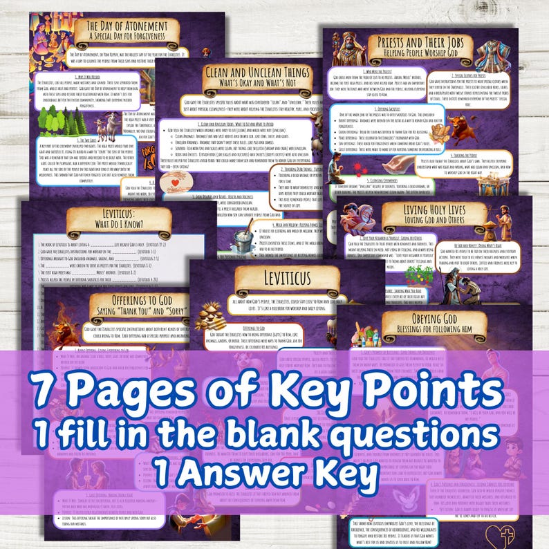 May include: Seven pages of printable worksheets with colorful illustrations and fill-in-the-blank questions about the book of Leviticus. The worksheets cover topics like the Day of Atonement, clean and unclean things, offerings to God, priests and their jobs, living holy lives, and obeying God. An answer key is also included.