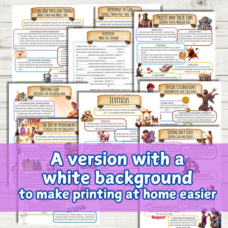 May include: A set of printable worksheets for teaching children about the book of Leviticus in the Bible. The worksheets feature colorful illustrations and fill-in-the-blank activities.