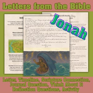 May include: A colorful printable educational resource for children about the biblical story of Jonah. The resource includes a letter from Jonah, a timeline, scripture connection, journal questions, think about it questions, and an activity. The image features a cartoon illustration of Jonah being swallowed by a large fish.