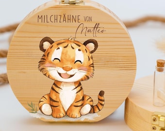 Personalized tooth box with tiger motif | Wooden memory box for baby teeth | Gift for baptism & birth, baby teeth, tooth fairy