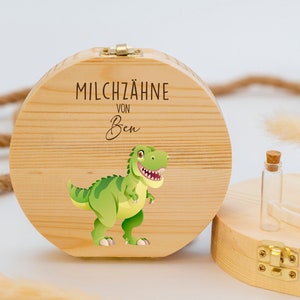 Personalized tooth box T-Rex Dino green, baby gift birth, baptism gift, birthday, tooth box personalized, milk teeth, tooth fairy image 1