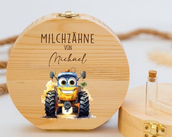 Personalized tooth box tractor 2, baby gift birth, baptism gift, birthday, tooth box personalized, milk teeth, tooth fairy