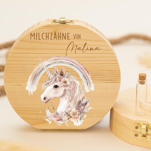 Caja de dientes personalizada unicornio con arcoiris | Caja de recuerdos de madera para dientes de leche | Regalo para bautismo y nacimiento, dientes de leche, hada de los dientes
