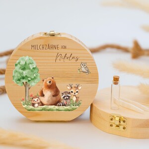 Caja de dientes personalizada con motivo de animales del bosque | Caja de madera para recuerdos de dientes de leche | Regalo para bautismo y nacimiento, dientes de leche, hada de los dientes