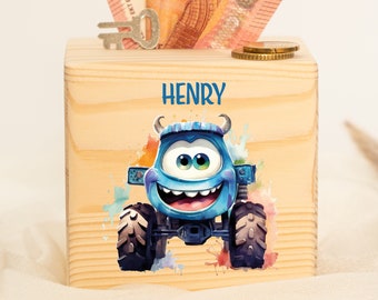 personalized wooden money box monster truck - gift birth - money box child - money box name - money box wood - piggy bank