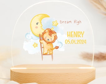 Lampe de nuit personnalisée Lion de rêve en acrylique, cadeau de naissance, chambre d'enfant, cadeau d'anniversaire, veilleuse personnalisée