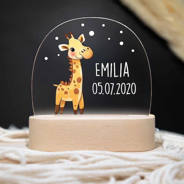 Personalisierte Nachtlampe Giraffe aus Acryl, Babygeschenk Geburt, Taufgeschenk, Geburtstagsgeschenk, Nachtlicht personalisiert