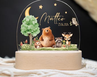 Personalisierte LED-Nachtlampe Waldtiere – Nachtlicht fürs Kinderzimmer mit Namen, Perfektes Geschenk zur Geburt, Taufe & Weihnachten
