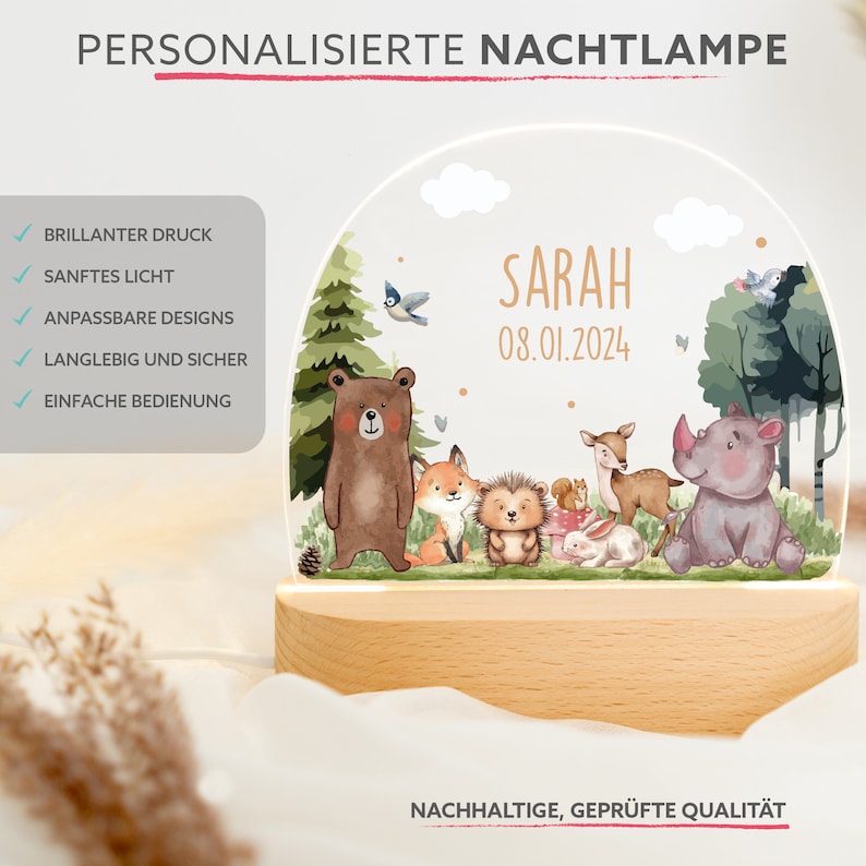 Gepersonaliseerde nachtlamp dieren bos, babycadeau voor geboorte, doopcadeau & verjaardag, LED-nachtlampje met naam, kinderkamerdecoratie afbeelding 6