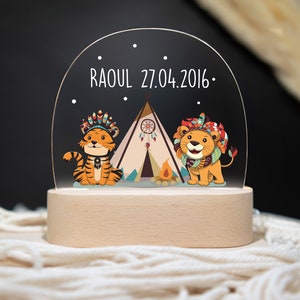 Lámpara de noche personalizada león y tigre, regalo de nacimiento de bebé, regalo de bautizo, habitación infantil, regalo de cumpleaños, luz de noche personalizada