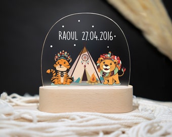 Gepersonaliseerde nachtlamp leeuw & tijger, babycadeau geboorte, doopcadeau, kinderkamer, verjaardagscadeau, nachtlampje gepersonaliseerd