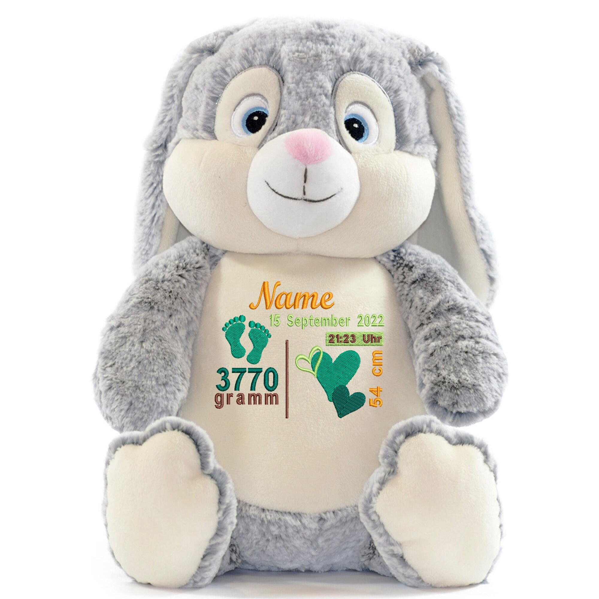 Stofftier Kuscheltier Hase grau mit Geburtsdaten bestickt