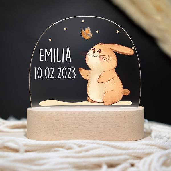 Personalisierte Nachtlampe Hase aus Acryl, Babygeschenk Geburt, Taufgeschenk, Kinderzimmer, Geburtstagsgeschenk, Nachtlicht personalisiert