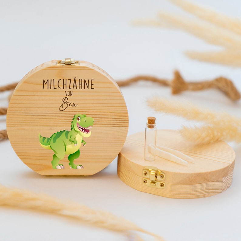 Personalized tooth box T-Rex Dino green, baby gift birth, baptism gift, birthday, tooth box personalized, milk teeth, tooth fairy image 1