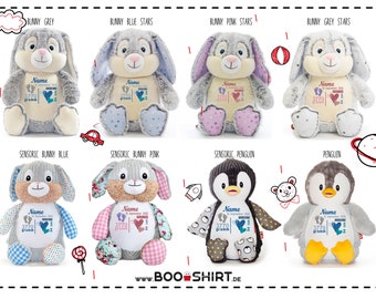 Cuddly toy personalized with name & dates of birth - embroidered 40 cm plush toy birth baptism gift bunny penguin cubbies