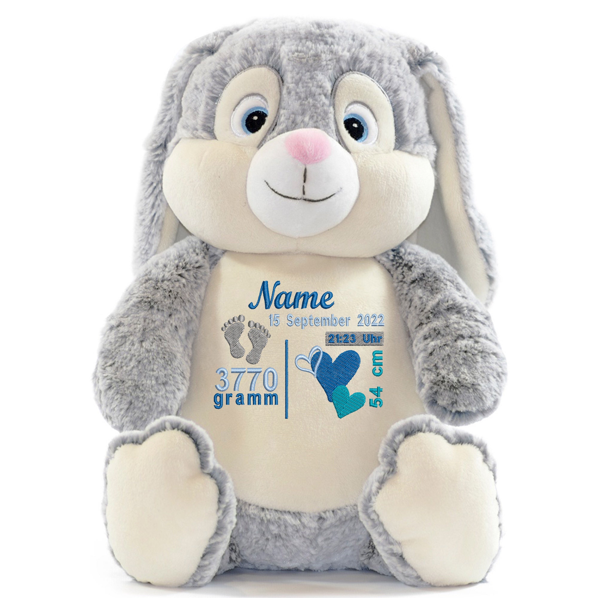 Stofftier Kuscheltier Hase grau mit Geburtsdaten bestickt