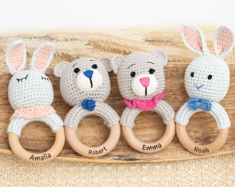 Baby gift birth, baby rattle, personalized rattle, baby, birth, teething ring, birth gift, rabbit rattle, bear rattle