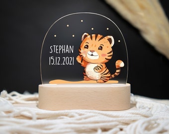 Lampe de nuit personnalisée tigre en acrylique, cadeau de naissance, cadeau de baptême, chambre d'enfant, cadeau d'anniversaire, veilleuse personnalisée