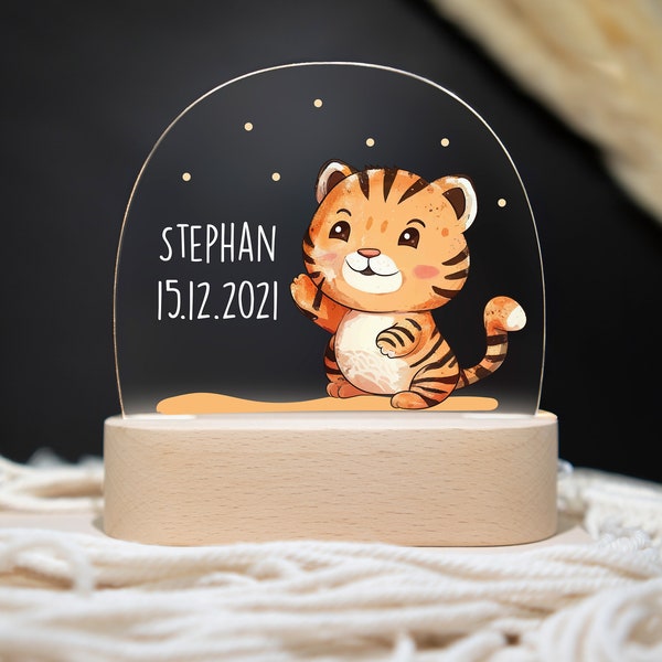 Personalisierte Nachtlampe Tiger aus Acryl, Babygeschenk Geburt, Taufgeschenk, Kinderzimmer, Geburtstagsgeschenk, Nachtlicht personalisiert