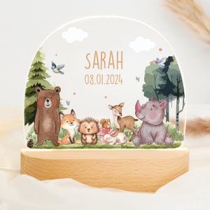 Personalisierte Nachtlampe Tiere Wald, Babygeschenk zur Geburt, Taufgeschenk & Geburtstag, LED Nachtlicht mit Namen, Kinderzimmer Deko Bild 2