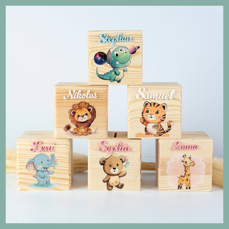 Money box personalized wooden animals gift birth money box child money box name money box wood piggy bank BOO Kids image 1