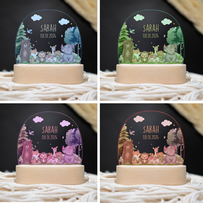 Gepersonaliseerde nachtlamp dieren bos, babycadeau voor geboorte, doopcadeau & verjaardag, LED-nachtlampje met naam, kinderkamerdecoratie afbeelding 4