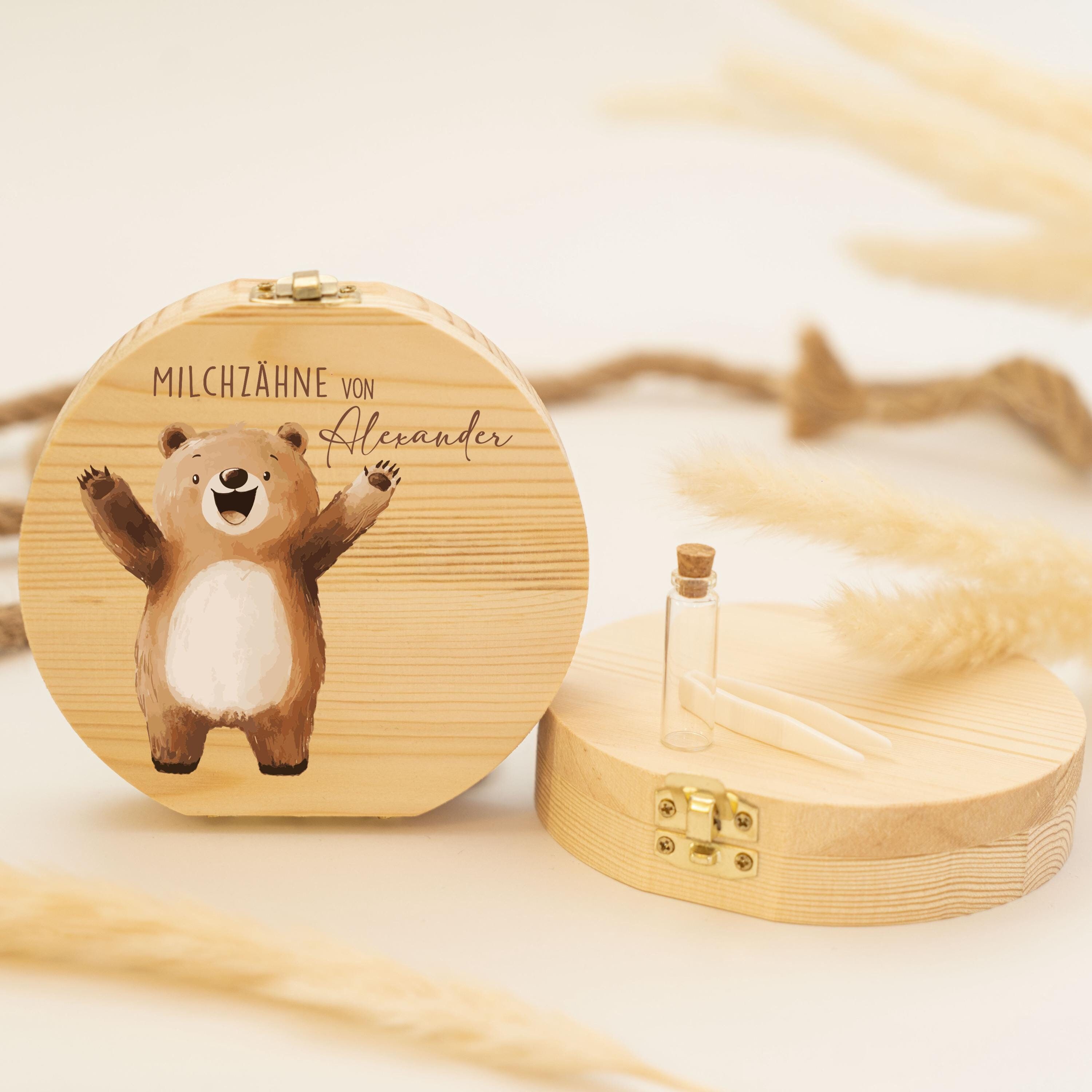 Personalized tooth box with bear motif | Wooden memory box for baby teeth | Gift for baptism & birth, baby teeth, tooth fairy