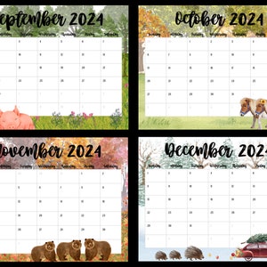 May include: Printable calendar for September, October, November, and December 2024. Each month features a different autumnal scene with animals. September has two pink pigs, October has two brown and white ponies, November has three brown bears, and December has a red car with a Christmas tree on top and three hedgehogs.
