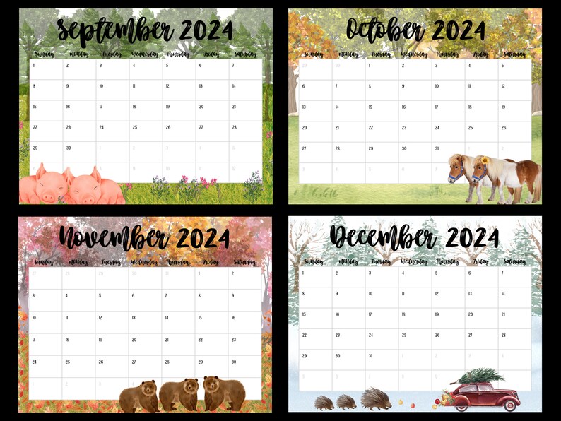 May include: Printable calendar for September, October, November, and December 2024. Each month features a different autumnal scene with animals. September has two pink pigs, October has two brown and white ponies, November has three brown bears, and December has a red car with a Christmas tree on top and three hedgehogs.