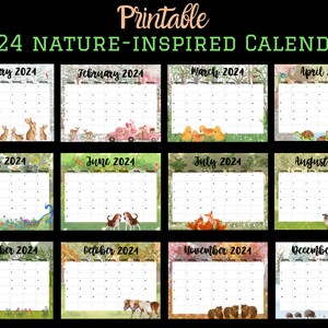 May include: Printable 2024 Nature-Inspired Calendar featuring monthly illustrations of animals and nature scenes. Each month includes a calendar grid with space for writing appointments and events.