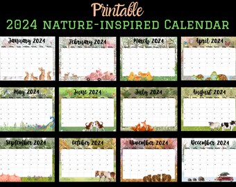 Calendario mensile 2024 ispirato alla natura / stampabile / inizio domenica / mese su 1 pagina