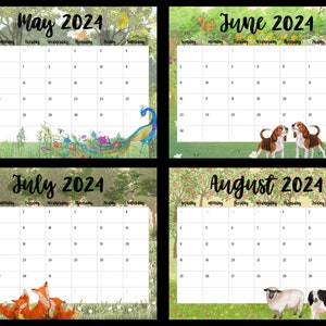May include: A printable calendar for May, June, July, and August 2024. Each month features a different animal illustration: a peacock, two beagles, a family of foxes, and a sheep and a cow.