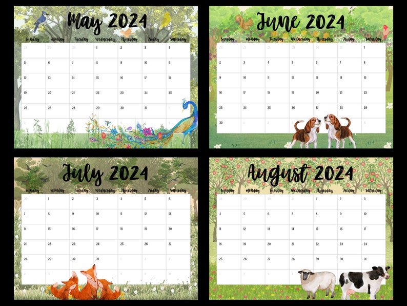 May include: A printable calendar for May, June, July, and August 2024. Each month features a different animal illustration: a peacock, two beagles, a family of foxes, and a sheep and a cow.