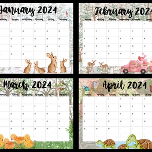 May include: Printable calendar for January, February, March, and April 2024. Each month features a different watercolor illustration: a winter scene with bunnies, a forest scene with deer and a pink truck, a spring scene with baby chicks, and a spring scene with turtles.