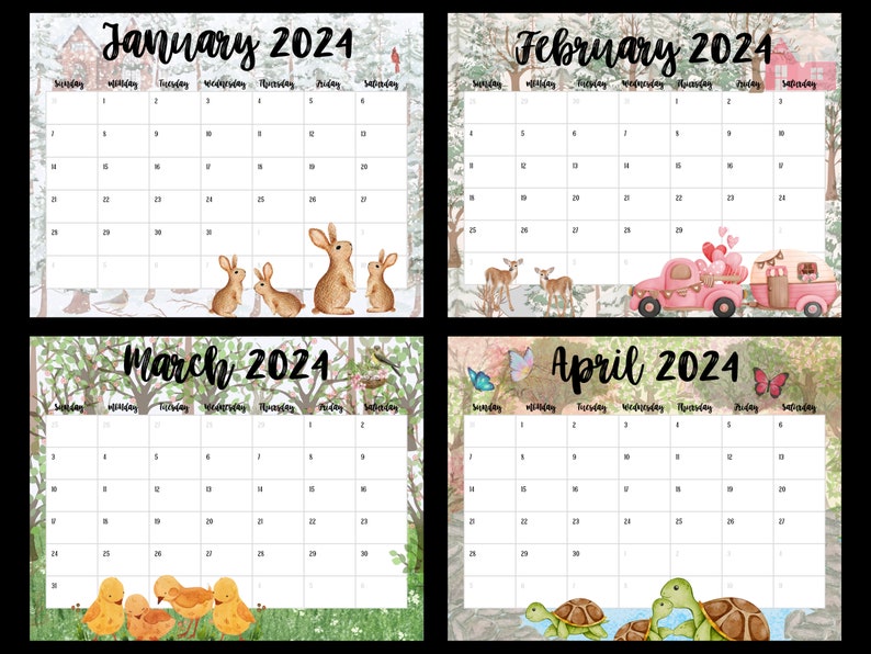 May include: Printable calendar for January, February, March, and April 2024. Each month features a different watercolor illustration: a winter scene with bunnies, a forest scene with deer and a pink truck, a spring scene with baby chicks, and a spring scene with turtles.